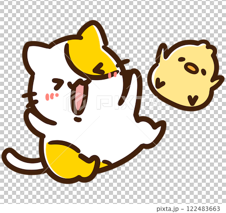 全力で喜ぶかわいいねことひよこのキャラクターのデフォルメイラスト 全力で喜ぶかわいいねことひよこのキャラクターのデフォルメイラスト 122483663