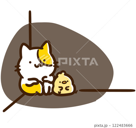 壁の隅っこで落ち込むかわいいねこのひよこのキャラクターのデフォルメイラスト 122483666