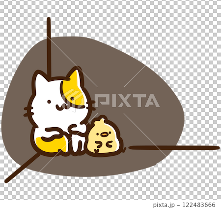 壁の隅っこで落ち込むかわいいねこのひよこのキャラクターのデフォルメイラスト 122483666