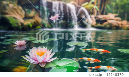 Tranquil scene featuring a pond with water lilies, koi fish, and a gentle waterfall amidst lush foliage 122483704