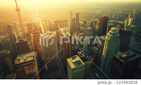Stunning aerial view of the metropolis cityscape during the golden hour sunset. Showcasing the modern urban skyline with office buildings and skyscrapers basking in warm sunlight 122483838