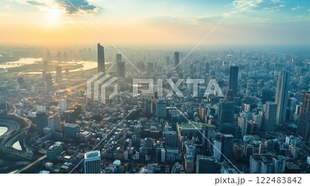 Breathtaking aerial view of a cityscape at sunrise with towering skyscrapers, illuminated business district, and the morning ambiance from a high angle shot over the metropolitan area 122483842