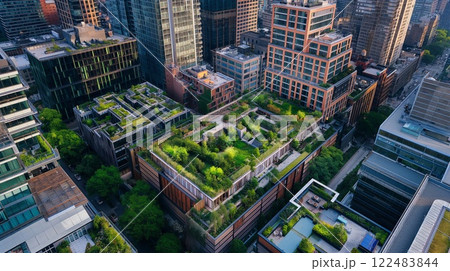 Stunning aerial shots of a cityscape with lush rooftop gardens amidst modern buildings 122483844