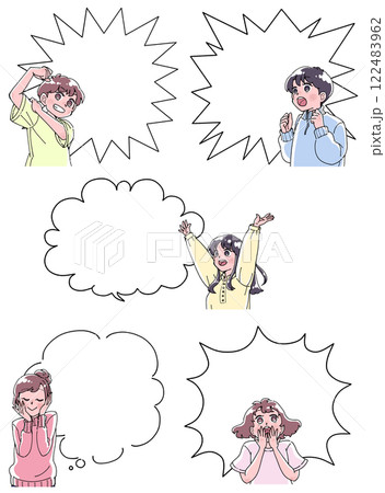 コミック風の吹き出し付きの人物のイラストセット コミック風の吹き出し付きの人物のイラストセット 122483962