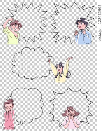 Set of comic-style character illustrations with speech bubbles Set of comic-style character illustrations with speech bubbles 122483962