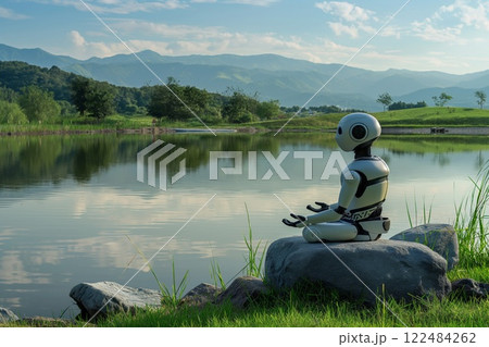 Humanoid robot sits in a peaceful meditation pose by a calm lake with mountains in the distance 122484262