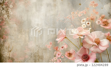 Elegant vintage floral wallpaper texture with faded flowers and copy space, perfect for interior design and artistic backdrops in rustic, shabby chic, and romantic settings 122484289