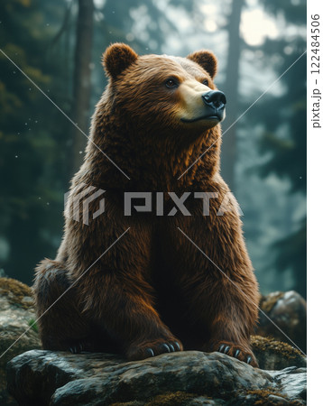 Brown bear sitting on a rock in the winter forest. 122484506