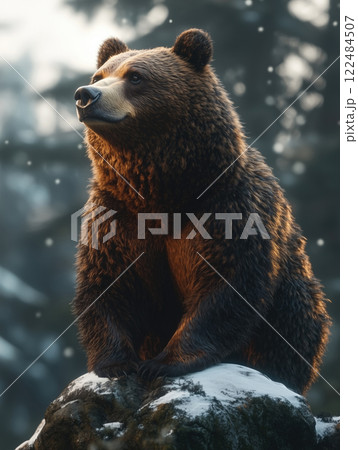 Brown bear sitting on a rock in the winter forest. 122484507