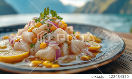 Fresh ceviche dish served outdoors with stunning water and mountain backdrop during bright sunny day 122484520