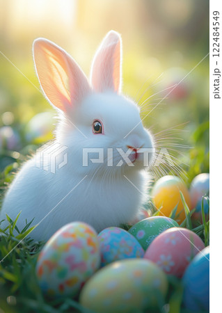 Cute white rabbit with colorful Easter eggs sitting on green grass 122484549