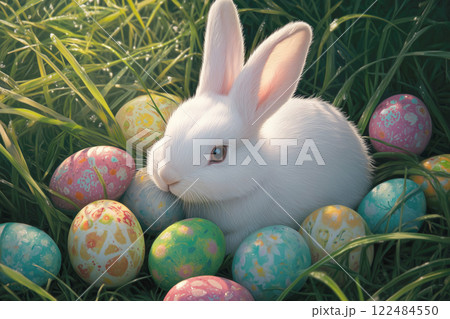 Cute white rabbit with colorful Easter eggs sitting on green grass 122484550