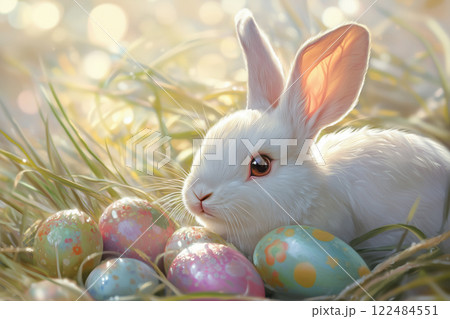 Cute white rabbit with colorful Easter eggs sitting on green grass 122484551