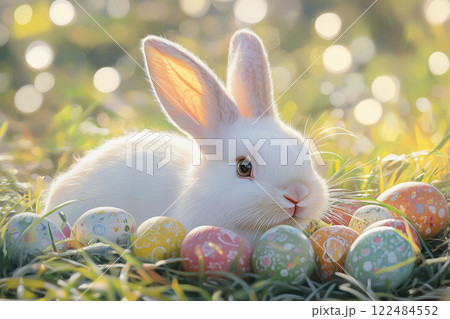 Cute white rabbit with colorful Easter eggs sitting on green grass 122484552