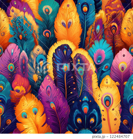 Seamless pattern with multicolored feathers. 122484707
