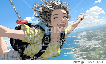 スカイダイビングをしている若い女性