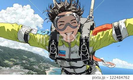 スカイダイビングをしている若い女性