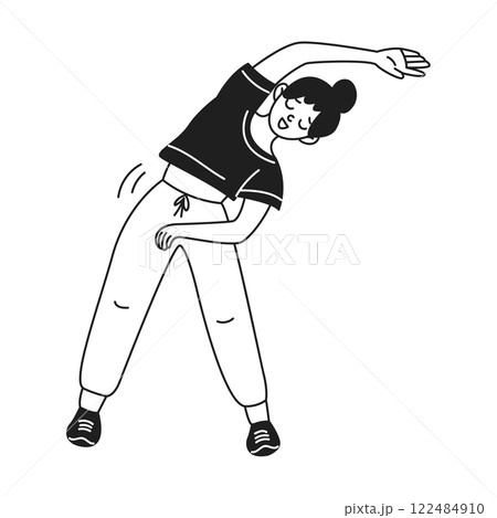 Woman in sportswear performs bending sideways linear icon 122484910