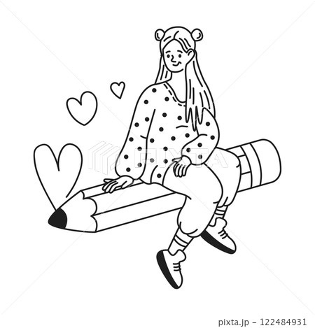 Young woman enjoys flight on giant pencil linear icon Young woman enjoys flight on giant pencil linear icon 122484931