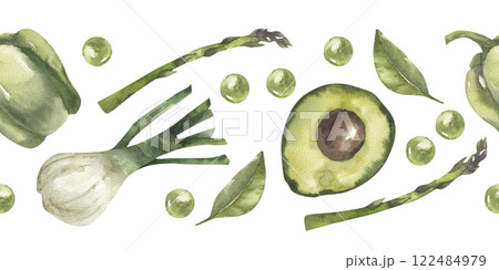 Green vegetables seamless border with shallot onion, avocado, pepper, asparagus and bay leaves. Watercolor vegetarian food banner, healthy eco eating clipart for kitchen textile, fabric design Green vegetables seamless border with shallot onion, avocado, pepper, asparagus and bay leaves. Watercolor vegetarian food banner, healthy eco eating clipart for kitchen textile, fabric design 122484979