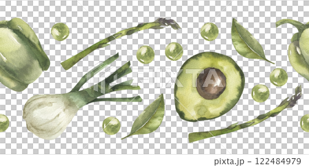 Green vegetables seamless border with shallot onion, avocado, pepper, asparagus and bay leaves. Watercolor vegetarian food banner, healthy eco eating clipart for kitchen textile, fabric design Green vegetables seamless border with shallot onion, avocado, pepper, asparagus and bay leaves. Watercolor vegetarian food banner, healthy eco eating clipart for kitchen textile, fabric design 122484979
