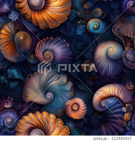 Colorful underwater scene featuring various shells and coral elements 122485017