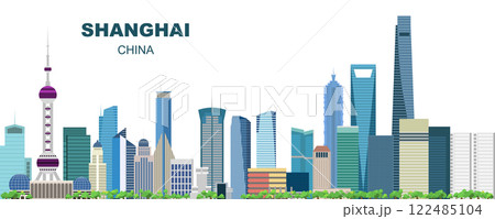 Layered editable vector illustration skyline of Shanghai,China, each building is on a separate layer Layered editable vector illustration skyline of Shanghai,China, each building is on a separate layer 122485104