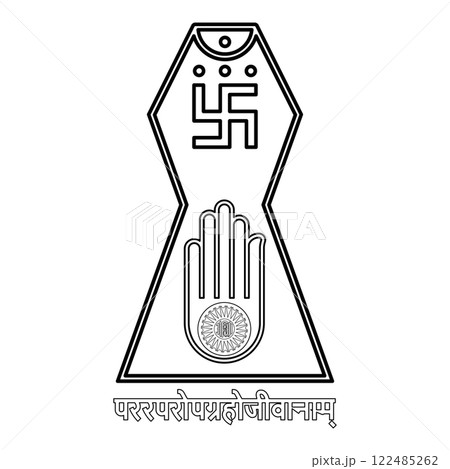 Symbol Jainism emblem Jain Prateek Chihna Hand Akhimsa Ahimsa arm religion Dharma Ahinsa Mahavir Jayanti contour outline line icon black color vector illustration image thin flat style 122485262