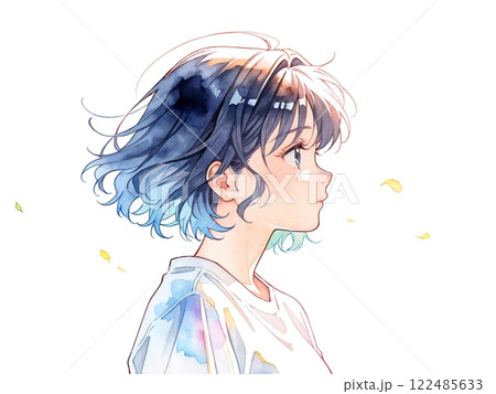 くせ毛のショートヘアの女の子の横顔の水彩風イラストのイラスト