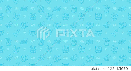 Easter hand-drawn doodle seamless pattern. Cute monochrome spring symbols chickens, rabbits, eggs and flowers 122485670