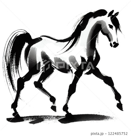 力強く歩む馬の墨絵風イラスト 122485752