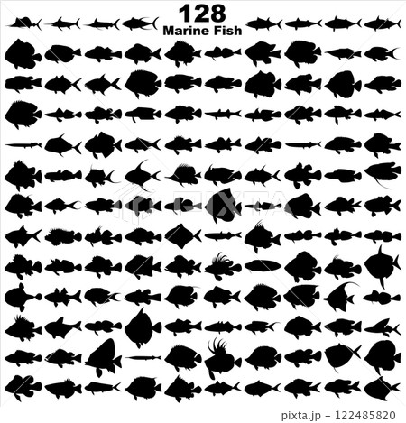 Layered editable vector illustration silhouette of 128 marine fishes. 122485820