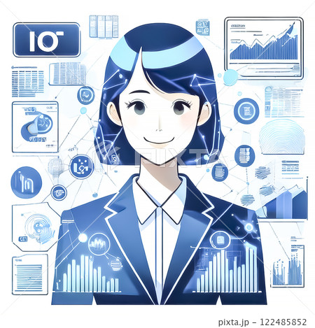 IOTをイメージした笑顔のビジネスウーマンのイラスト素材 122485852