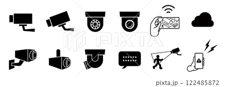 防犯カメラのアイコンセット。侵入者を撮影した映像をスマートフォンから確認しているイラスト。セキュリテ 防犯カメラのアイコンセット。侵入者を撮影した映像をスマートフォンから確認しているイラスト。セキュリテ 122485872