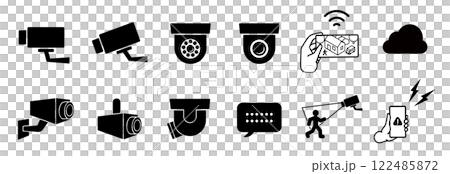 防犯カメラのアイコンセット。侵入者を撮影した映像をスマートフォンから確認しているイラスト。セキュリテ 防犯カメラのアイコンセット。侵入者を撮影した映像をスマートフォンから確認しているイラスト。セキュリテ 122485872