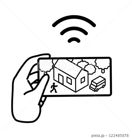 侵入者を撮影した映像をスマートフォンから確認しているイラスト。セキュリティカメラ、CCTV、ネットワ 侵入者を撮影した映像をスマートフォンから確認しているイラスト。セキュリティカメラ、CCTV、ネットワ 122485878