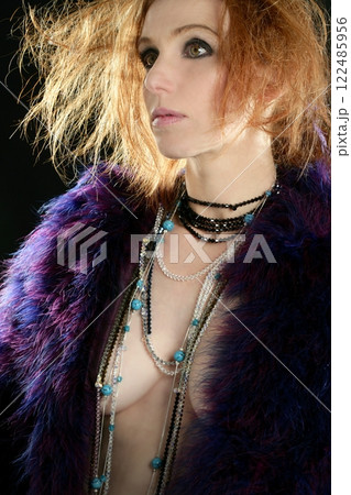Beautiful sexy redhead woman, coat and jewelry 122485956