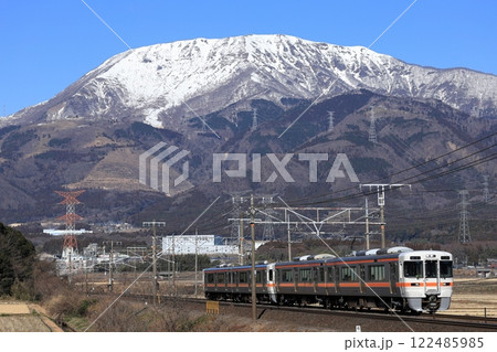 冠雪の伊吹山と東海道線313系電車 122485985