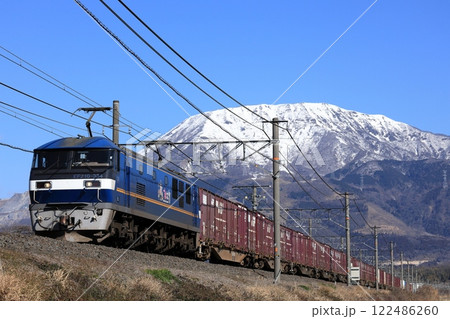 冠雪の伊吹山と東海道線を走るEF210貨物列車 122486260