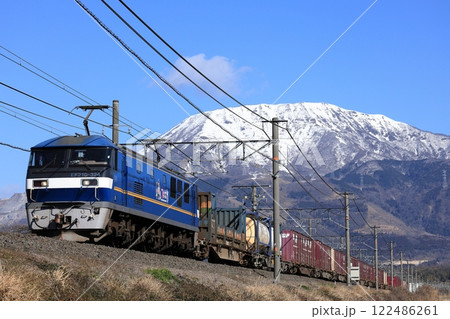 冠雪の伊吹山と東海道線を走るEF210貨物列車 122486261