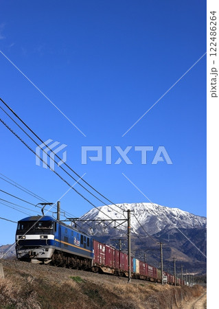 冠雪の伊吹山と東海道線を走るEF210貨物列車 122486264