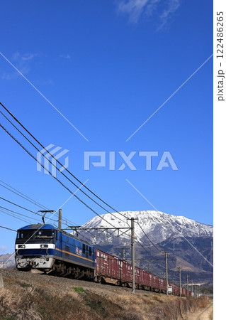冠雪の伊吹山と東海道線を走るEF210貨物列車 122486265