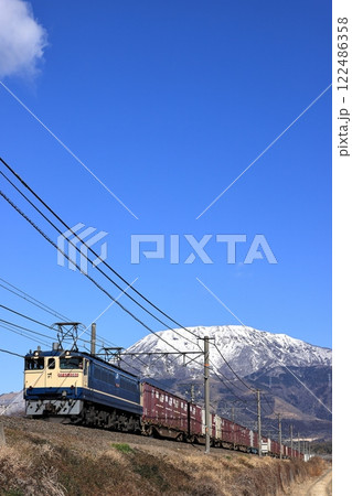 冠雪の伊吹山と東海道線を走るEF65貨物列車 122486358