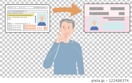 マイナ免許証（マイナンバーカードと運転免許証の一体化）への切り替えについて悩む高齢男性 122486374