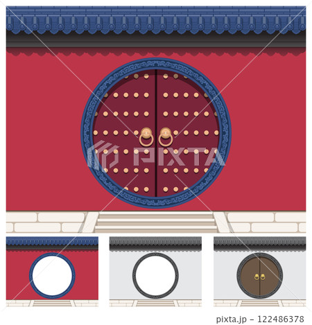 Layered editable vector illustration of a gate on the wall with ancient Chinese traditional style. Layered editable vector illustration of a gate on the wall with ancient Chinese traditional style. 122486378