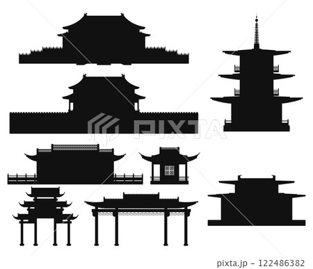 Layered editable vector illustration collection sihouette of Chinese traditional style buildings including house, pavilion, archway,palace,pagoda. 122486382
