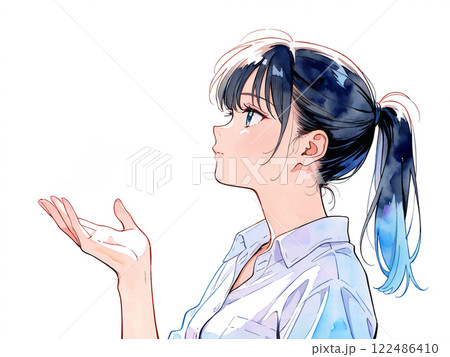 上を見上げるポニーテールの女性の水彩風イラストのイラスト素材