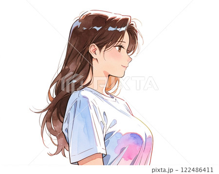 ロングヘアの女性の横顔の水彩風イラストのイラスト素材 [122486411