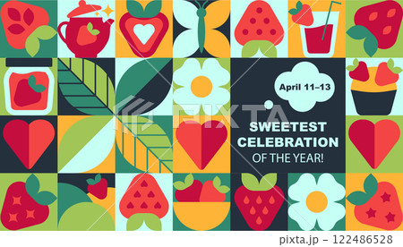 Modern Strawberry Pattern Banner with Festival Text in Abstract style 122486528