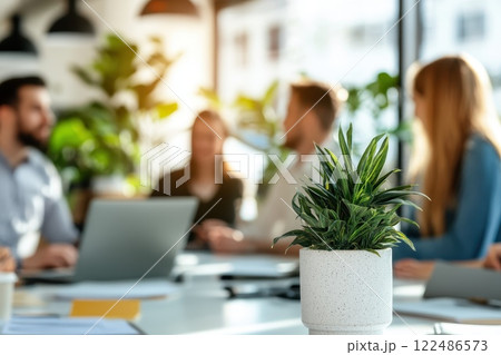 Group Collaboration in Modern Office Space with Indoor Plants and Laptop on Conference Table 122486573